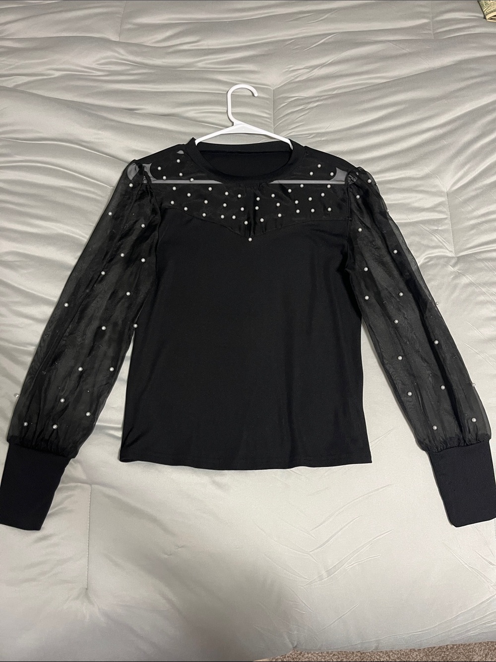 SHEIN Black Sheer Pearl-Accent Long Sleeve Top